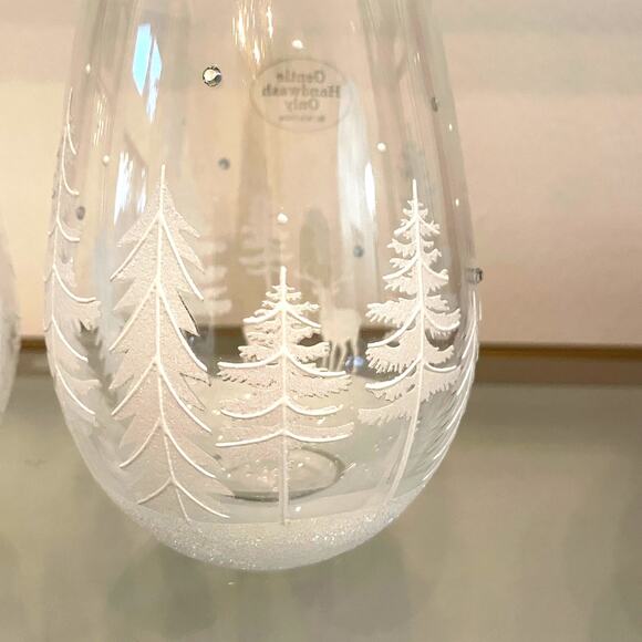 Set of 2 Stemless Wine Glasses Hand Painted White Christmas Trees Snow New - Picture 11 of 12